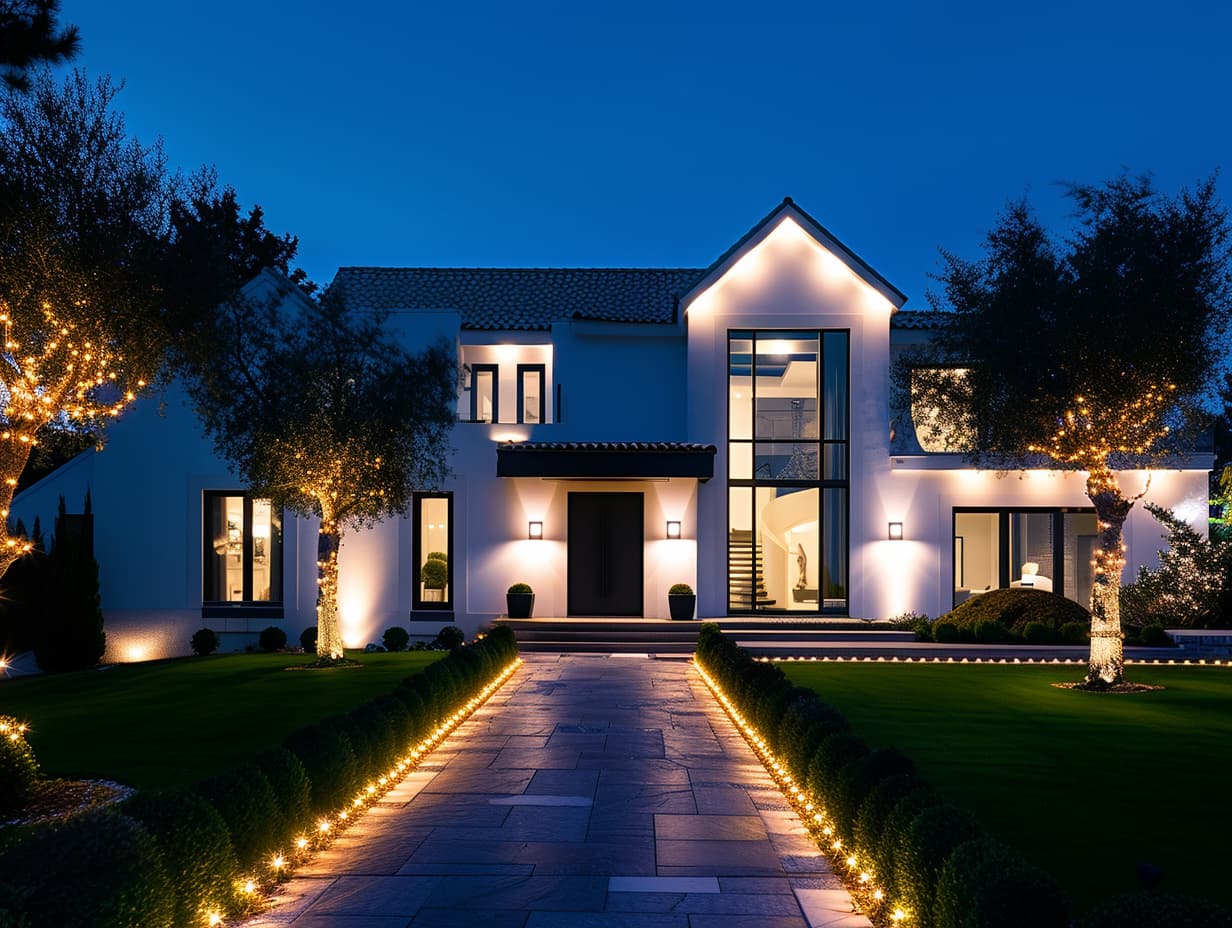 A home entrance illuminated with multiple flood lights