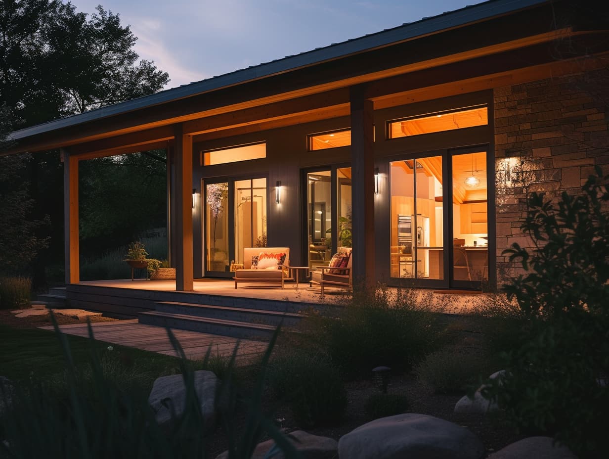 A front porch illuminated with wall sconces