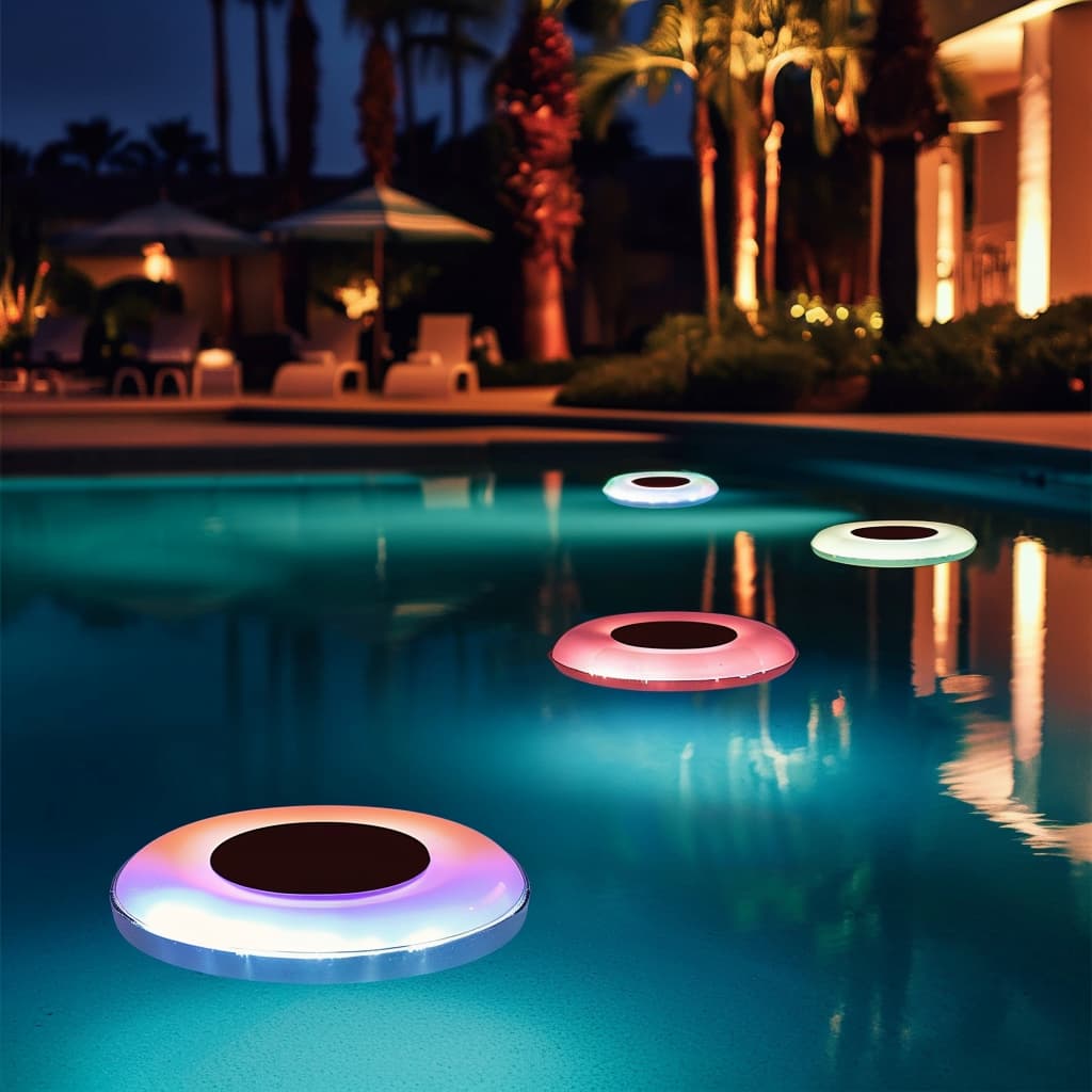 Inflatable LED solar lights floating in a pool