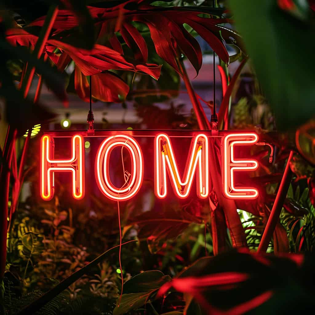 'LED letters combined to form the word "home" in a garden