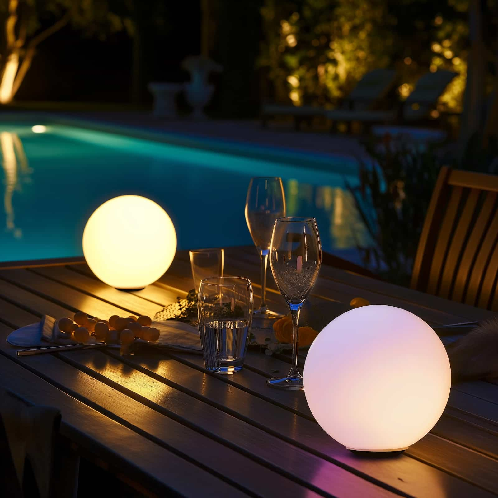 Colorful orb lights on a wooden table besides the pool