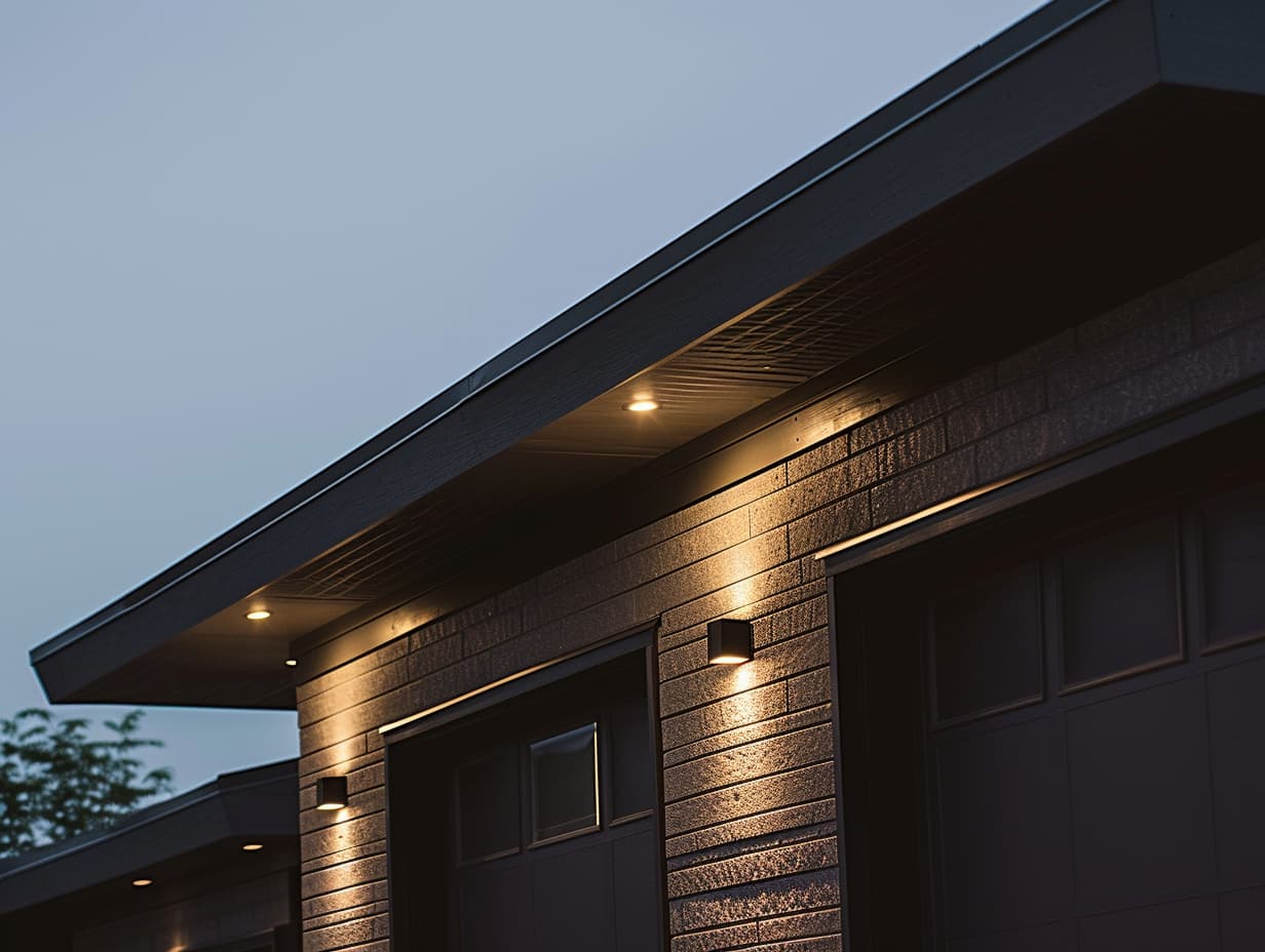 Recessed lights illuminating a roof