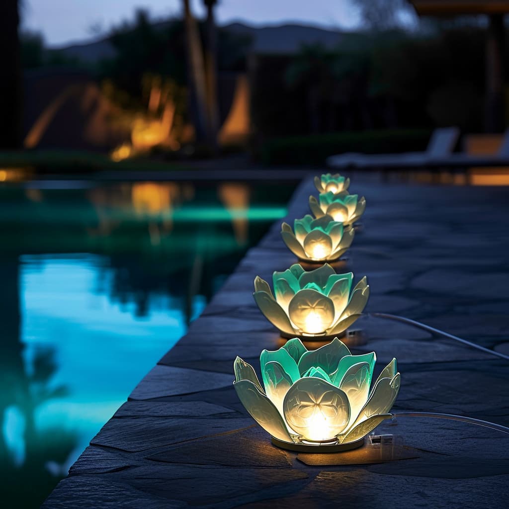 Flower-shaped LED lights on the poolside floor