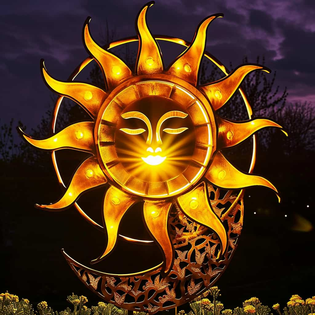 A metallic sun-shaped garden light