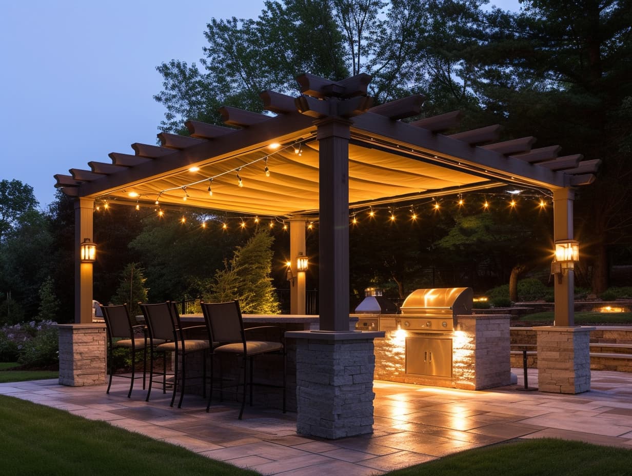 A sun shade covering an outdoor dining area decorated with string lights and lamps