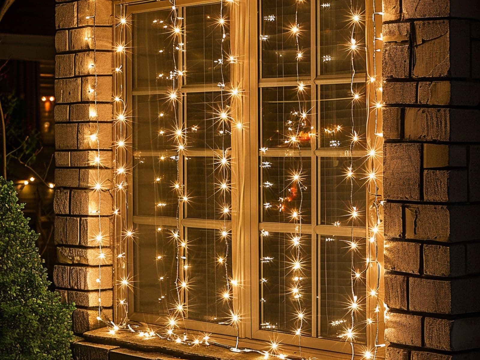 Yellow curtain lights decorating a big window