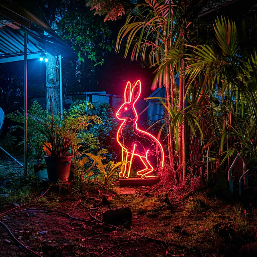 LED neon sign in the garden shaped like a rabbit