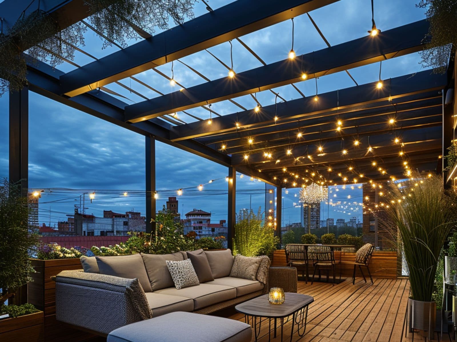 A roof terrace decorated with string lights