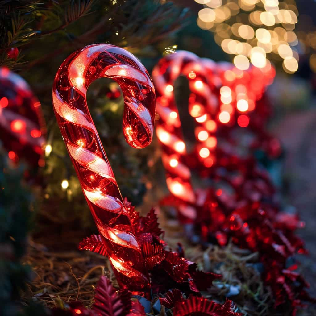 Candy-cane-shaped LED lights in the garden