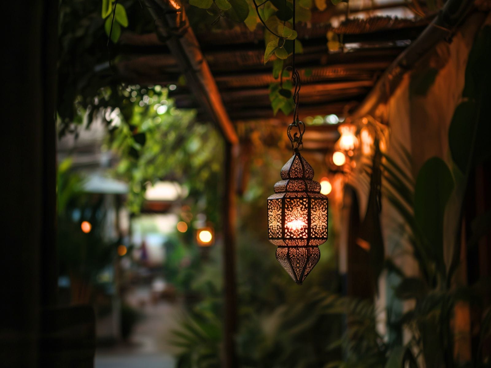 A Moroccan lantern hanging in a backyard