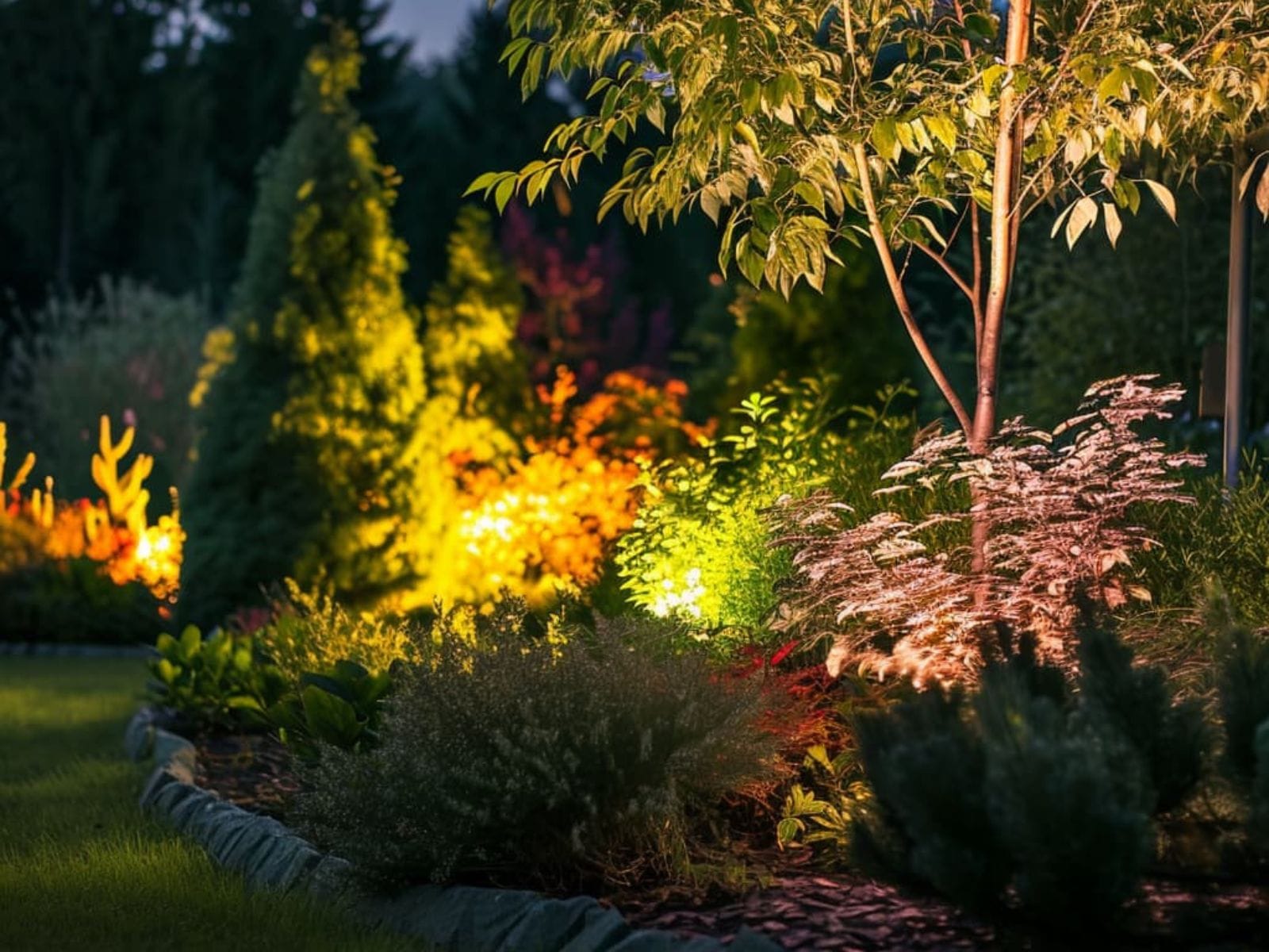 LED landscape lights illuminating garden shrubs and trees