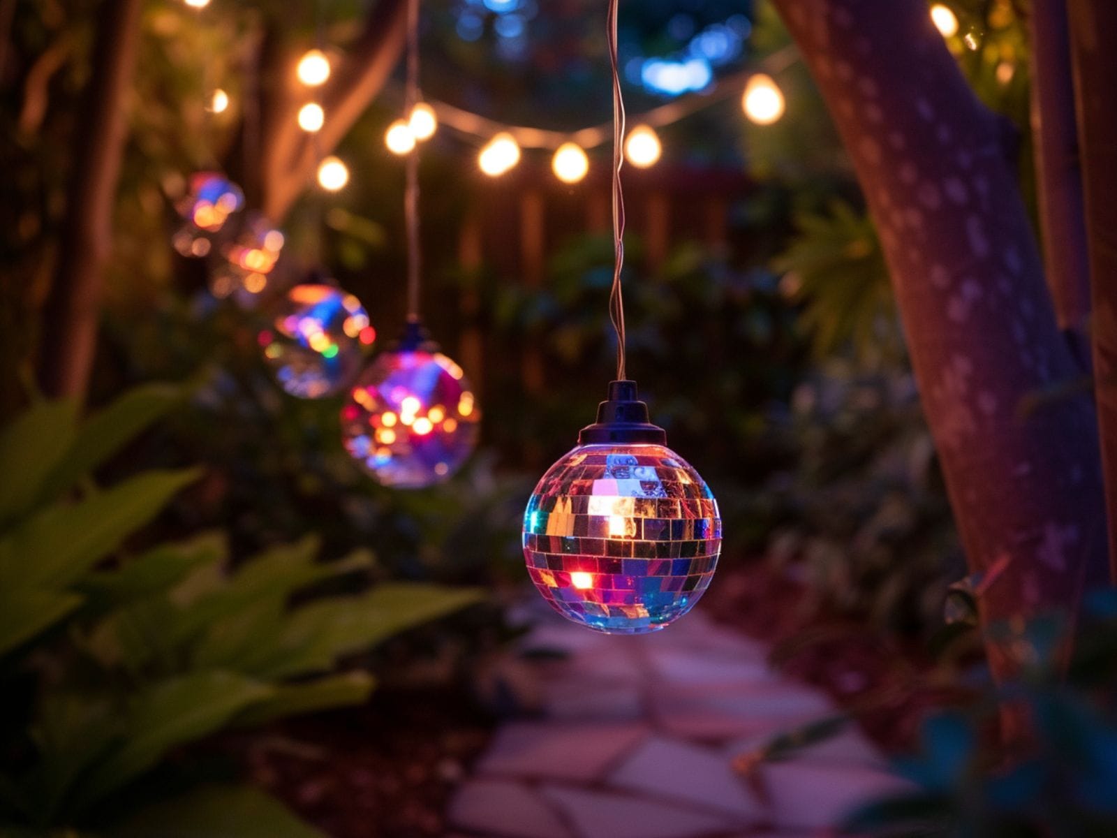 LED disco balls hanging from a garden tree