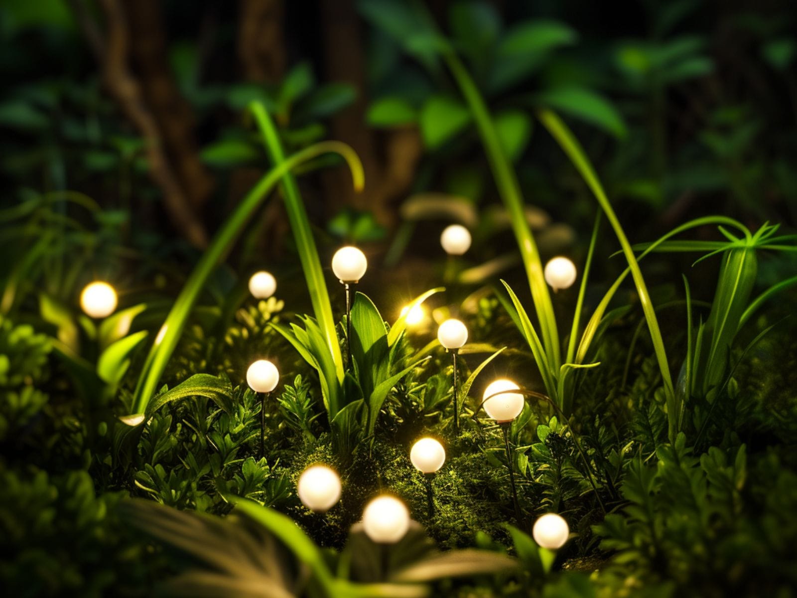 LED firefly lights installed between garden shrubs
