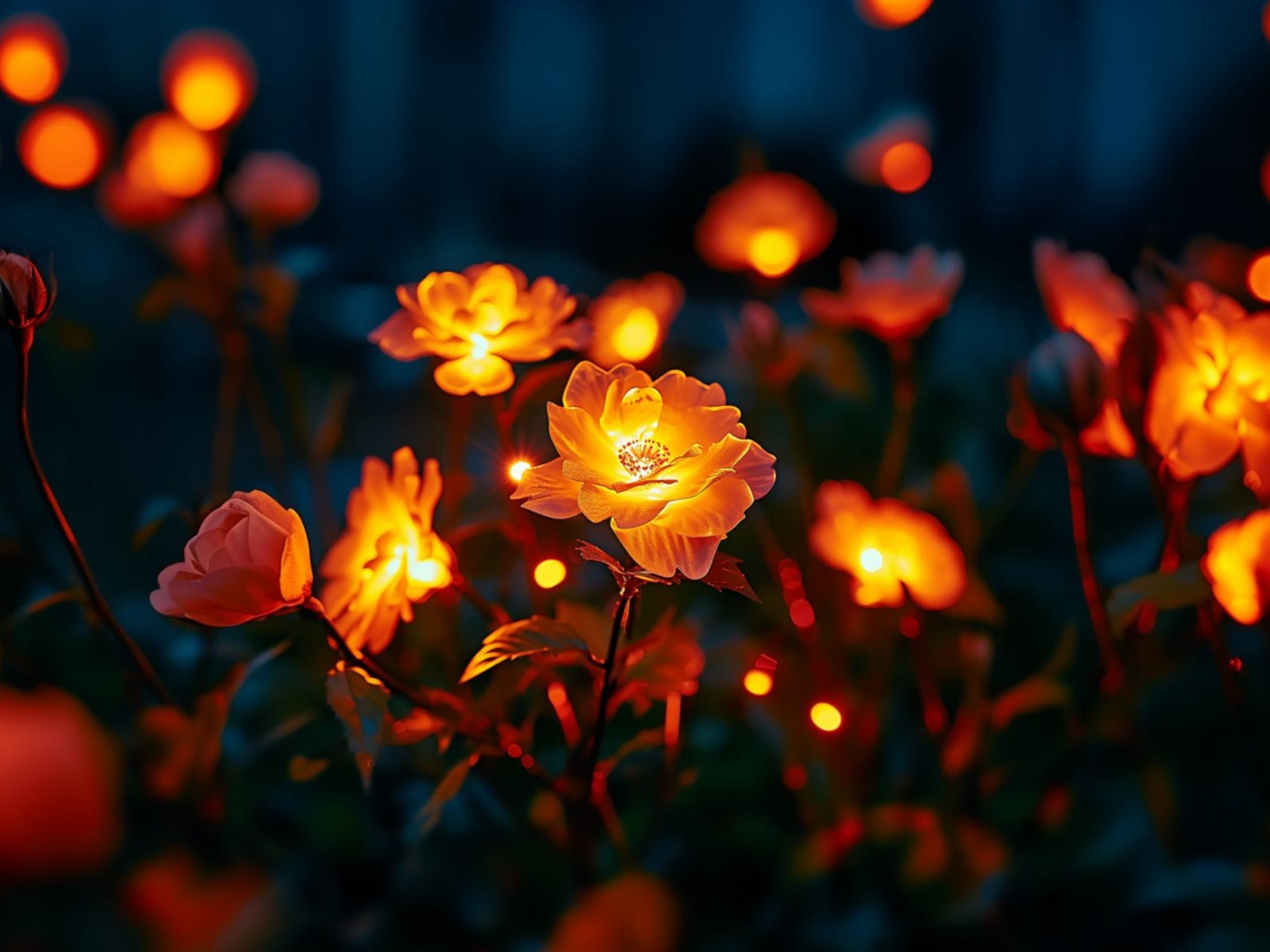 LED flower lights installed in a garden for illumination after sunset