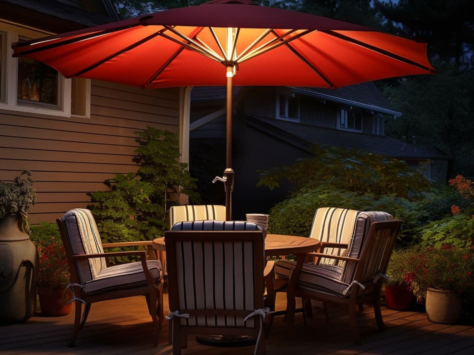 LED patio umbrella lights illuminating an outdoor seating area