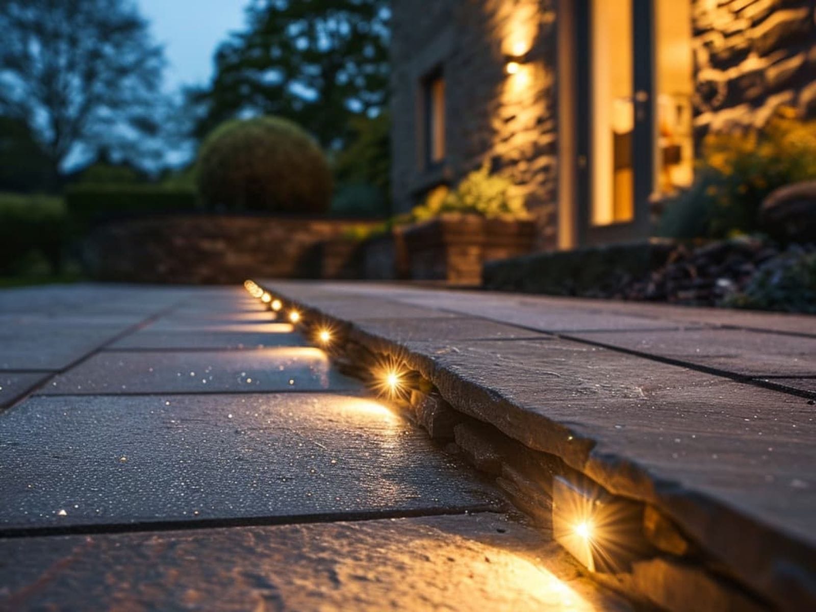 LED paver lights installed in the front yard parking zone
