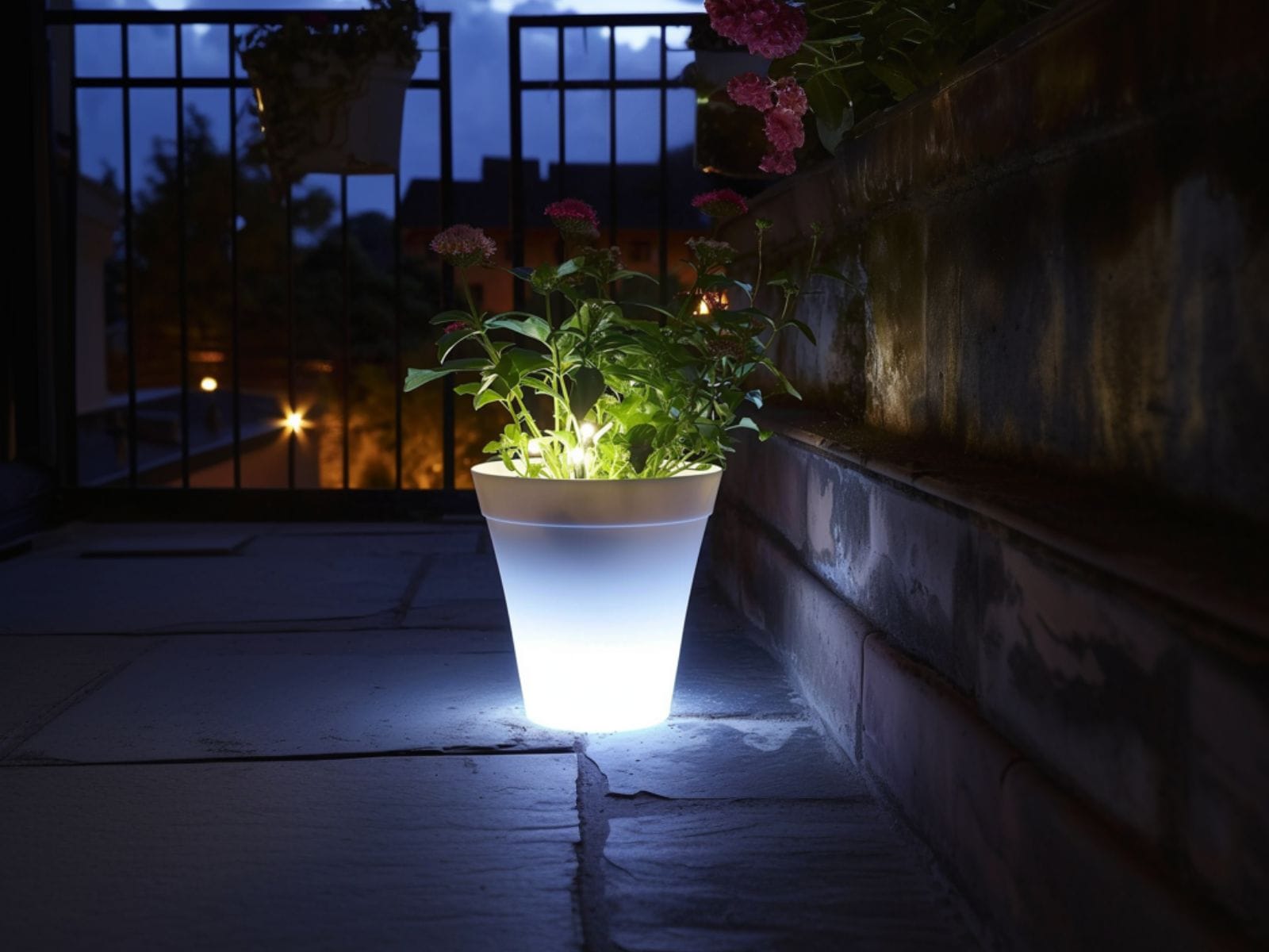 An LED planter placed on the patio floor