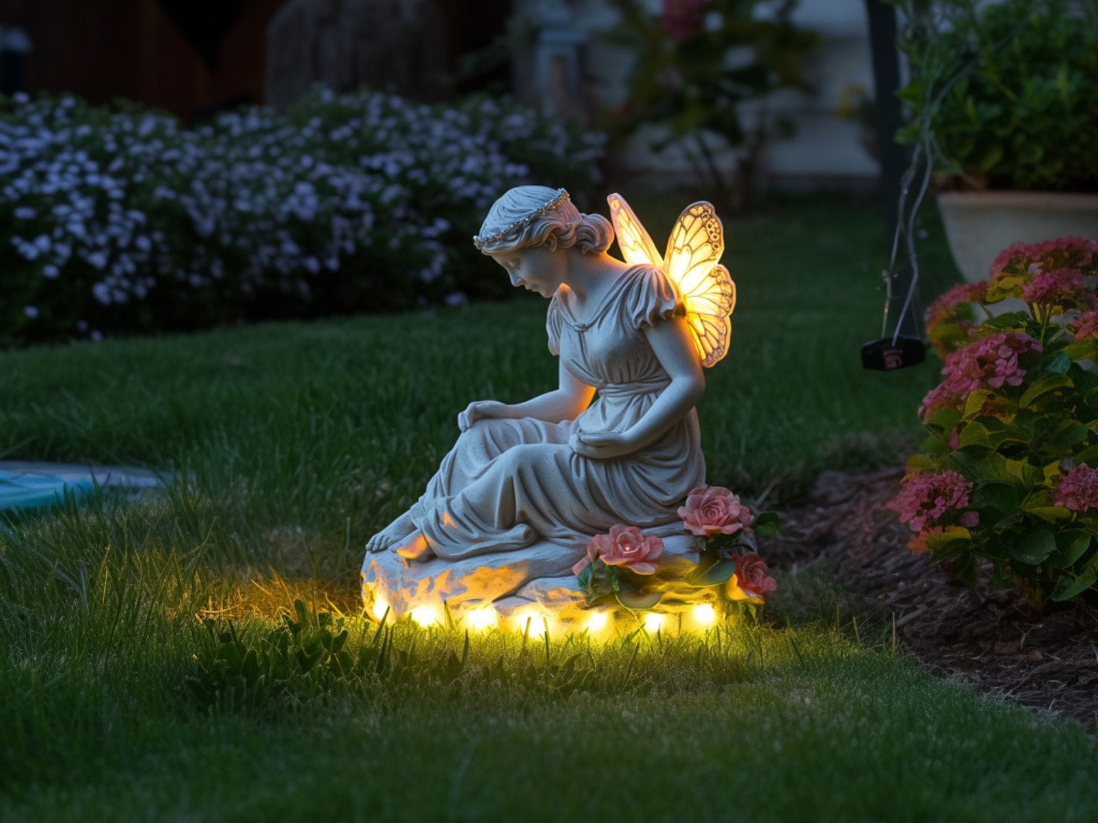 LED lights adorning a garden sculpture