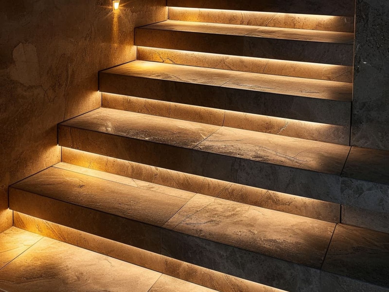 LED step lights illuminating a front yard staircase