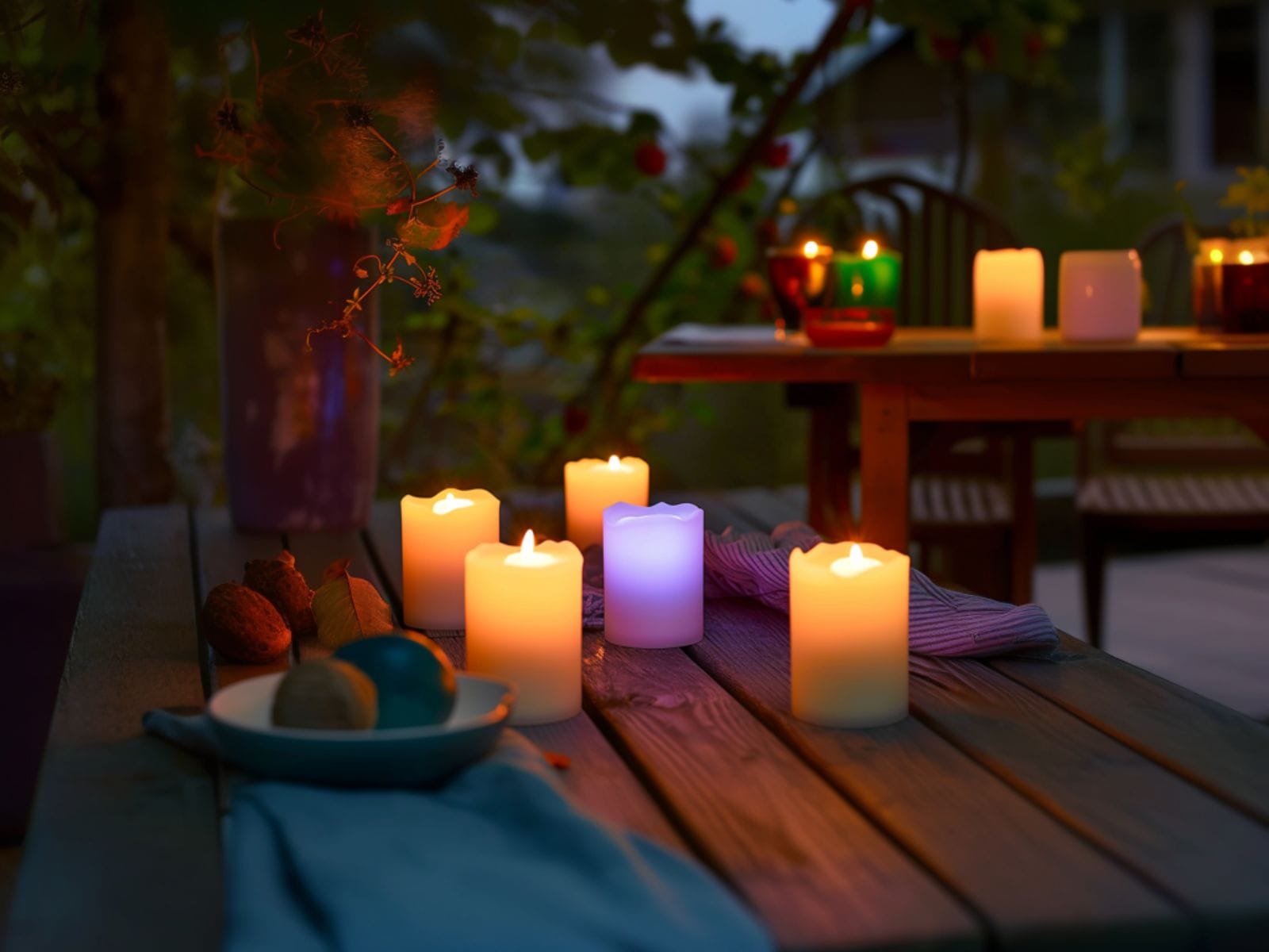 Colorful LED tealight candles decorated on a patio table