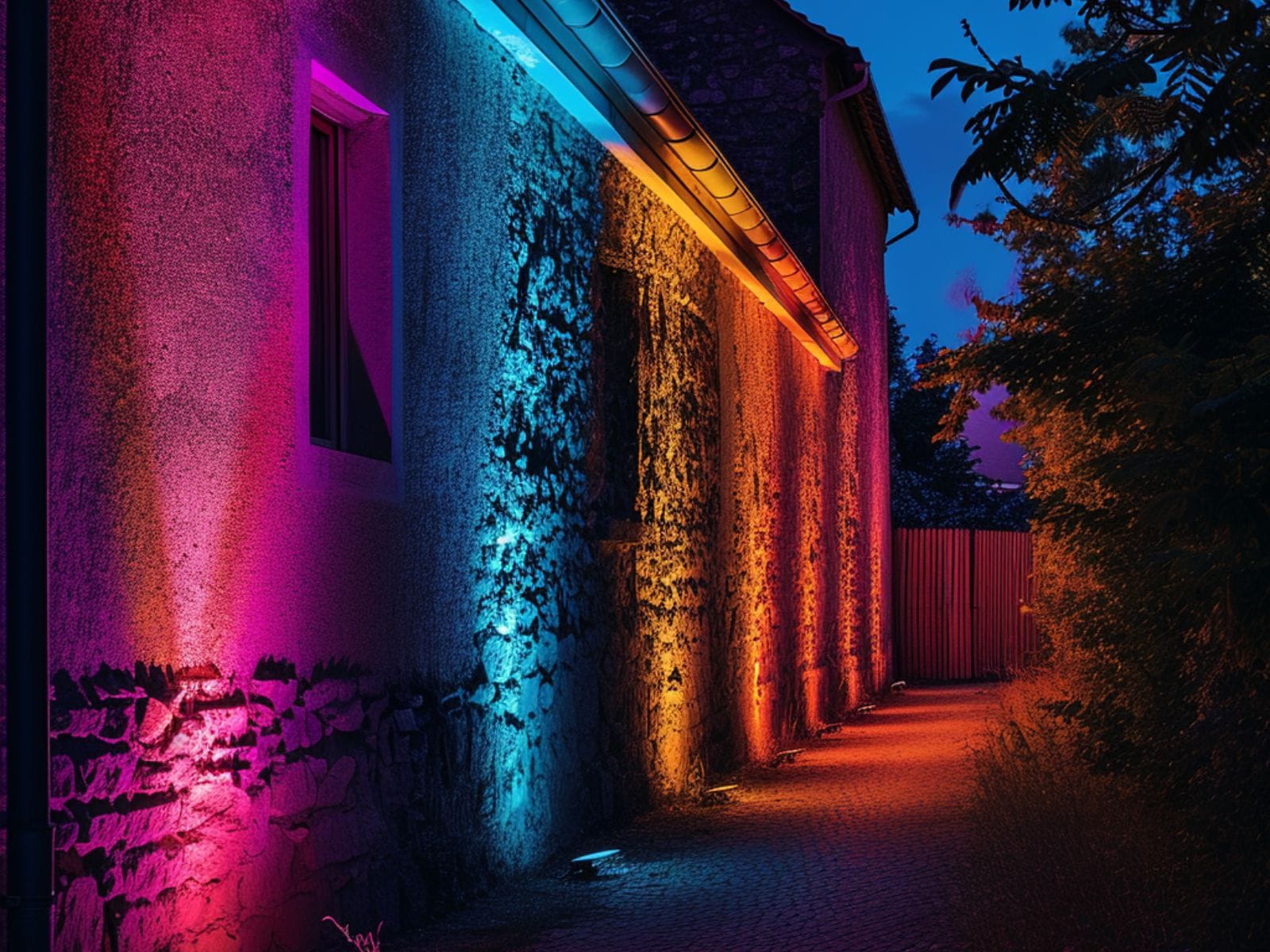 A facade wall decorated with colorful LED flood lights