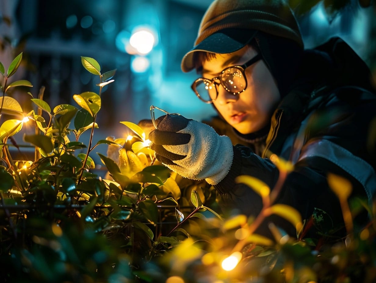 A boy fixing outdoor lighting wires wearing rubber gloves and spectacles for safe DIY