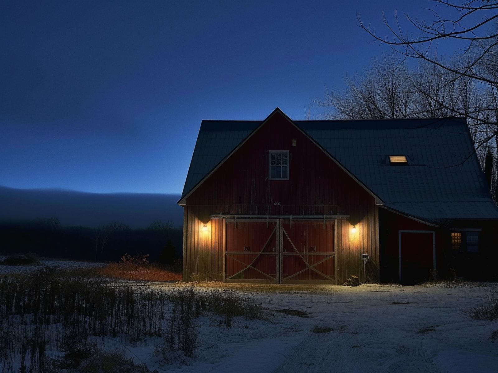 Barn lights illuminating a home entrance 