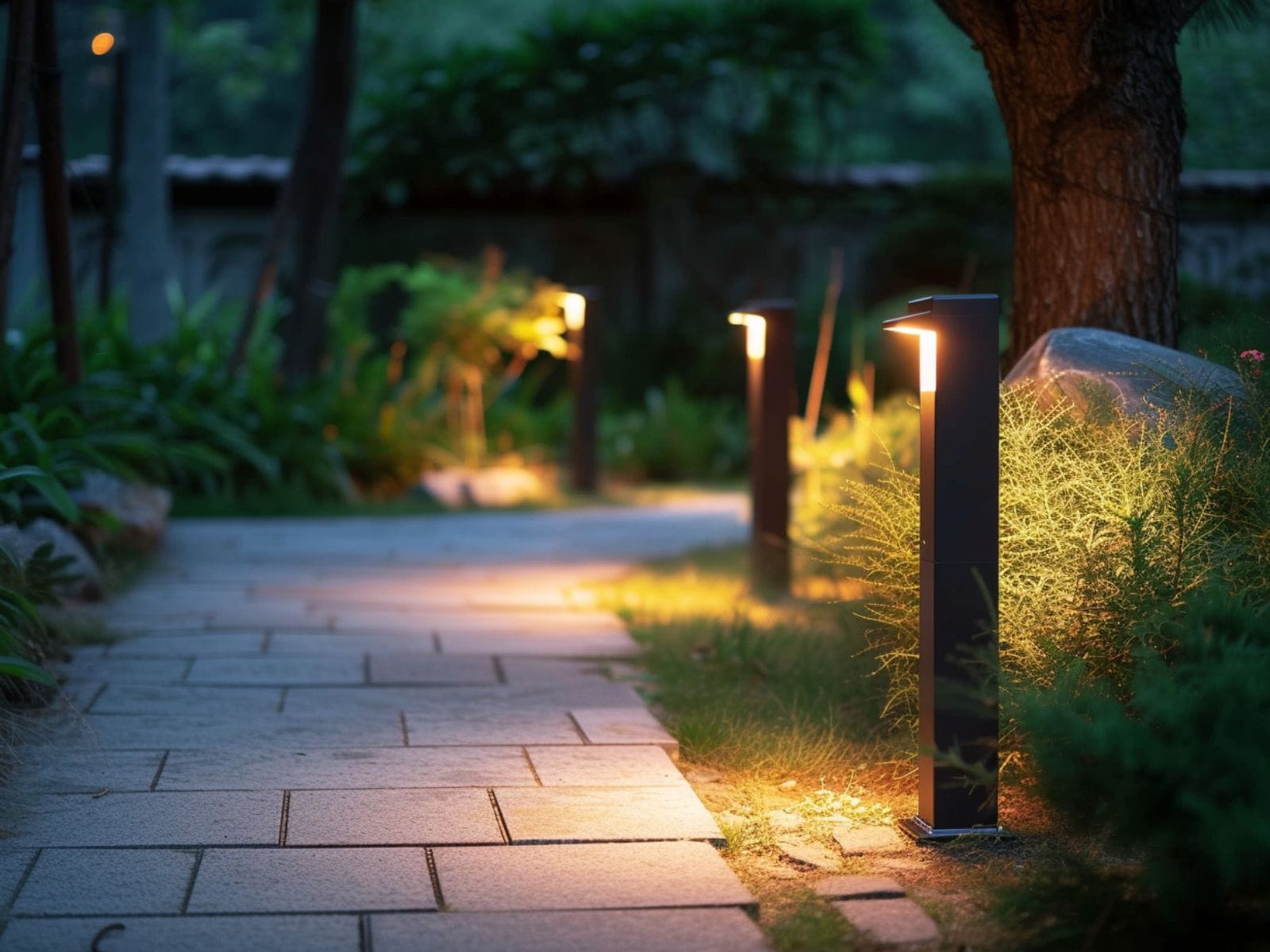 Bollard lights illuminating a garden pathway