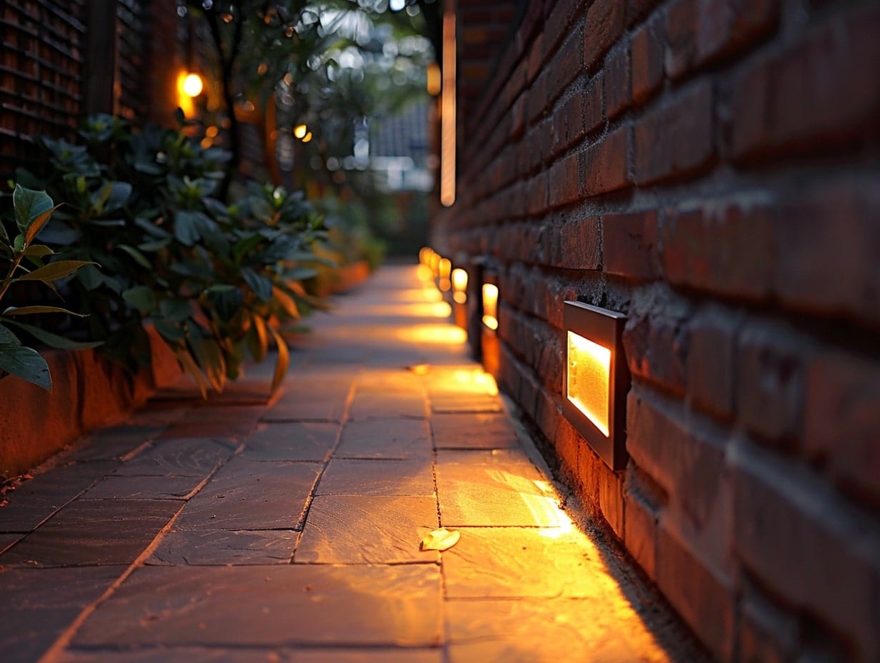 Brick lights illuminating a backyard pathway