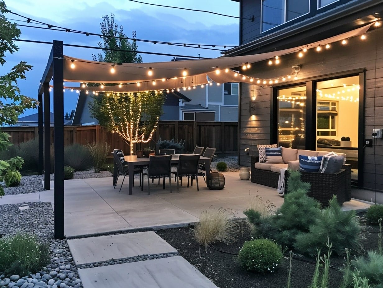 A canopy of string lights illuminating a house's front patio