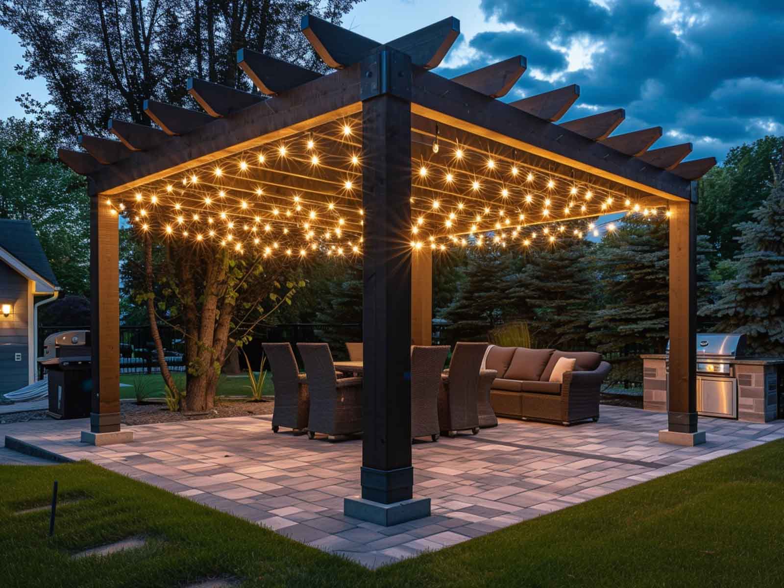 A canopy of string lights on a pergola roof over an outdoor dining area