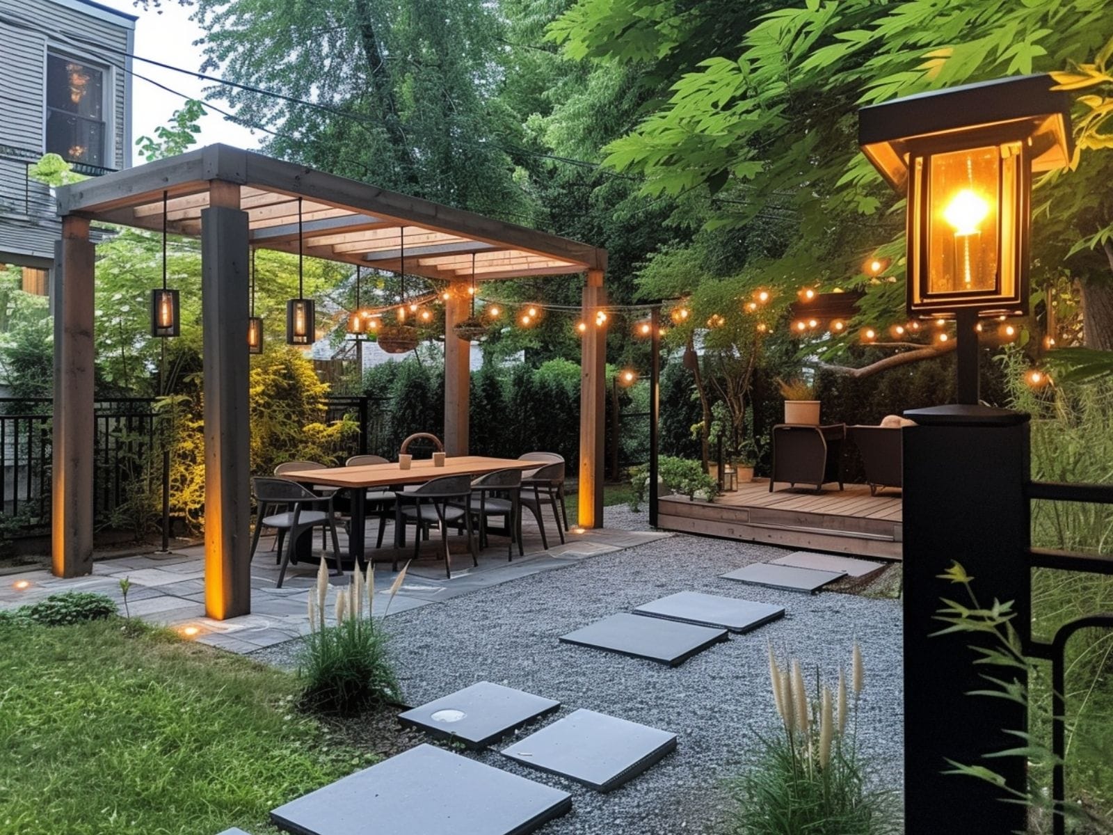 Different types of lighting fixtures in a backyard