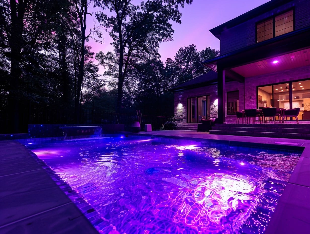 Color-changing LED recessed lights installed along pool side walls