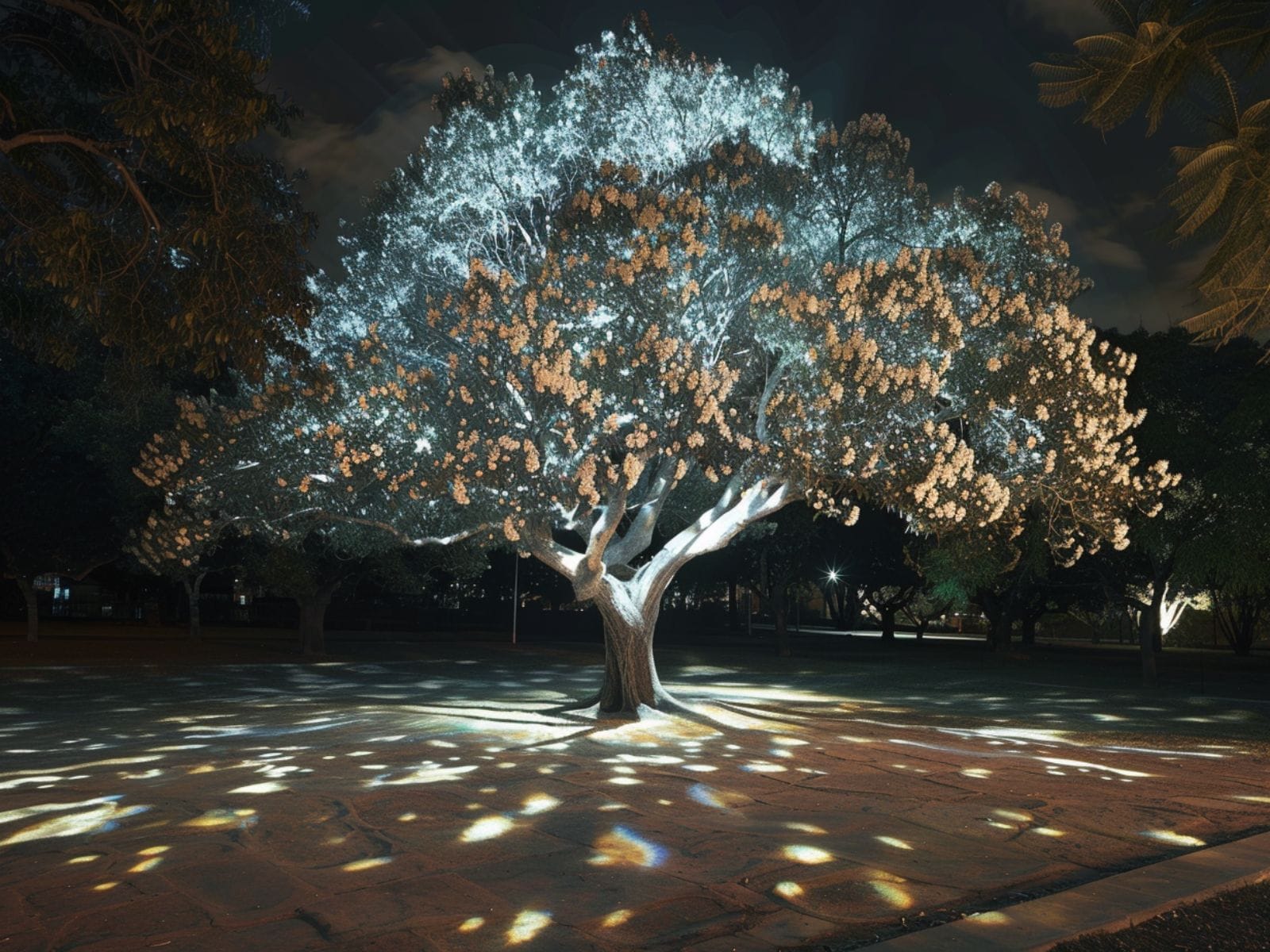 Cool white lights creating a moonlight effect in trees