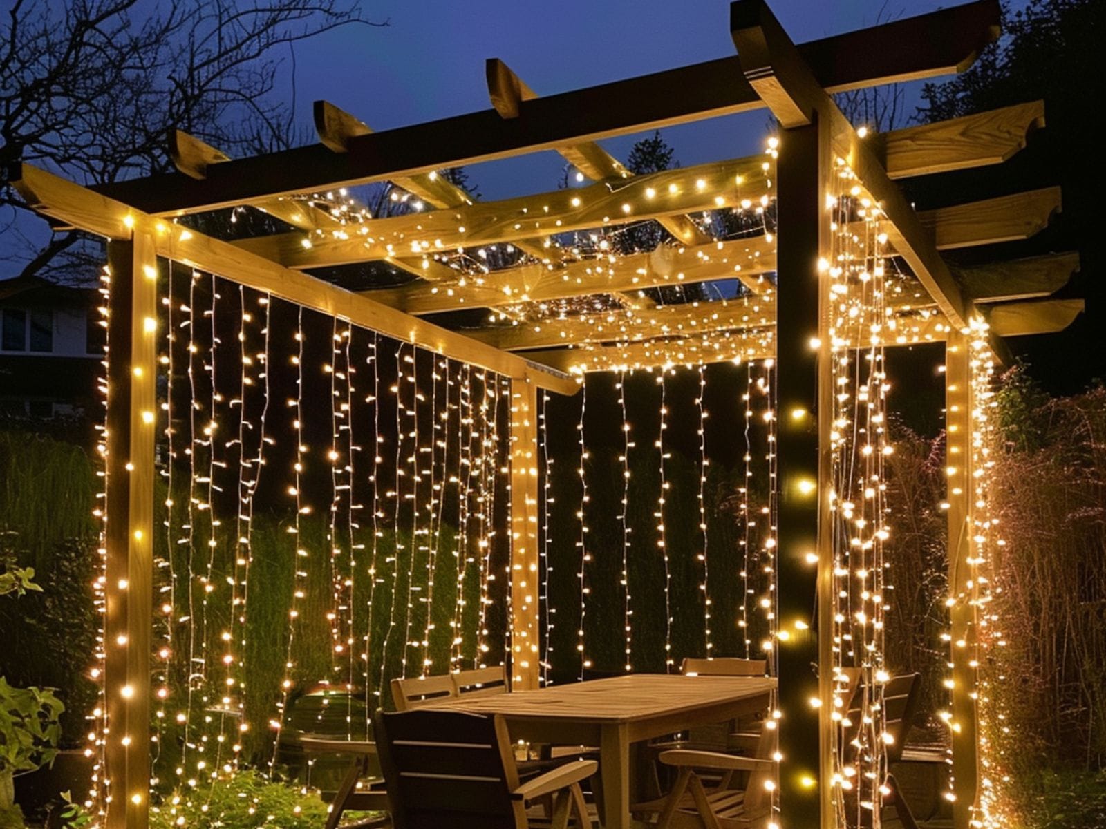 String curtain lights draped over a pergola for nighttime ambience