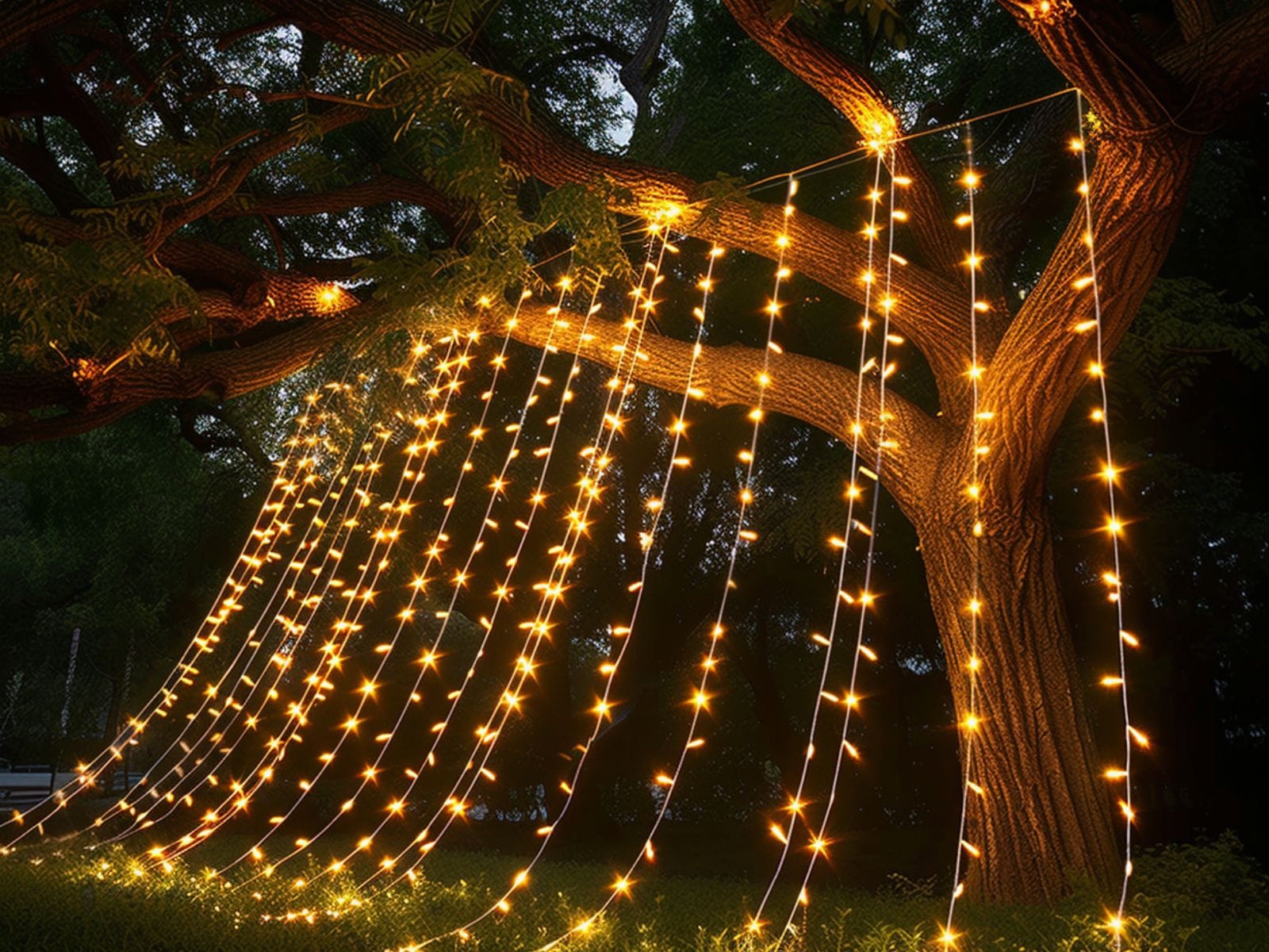 Curtain lights falling from tree branches for a waterfall effect