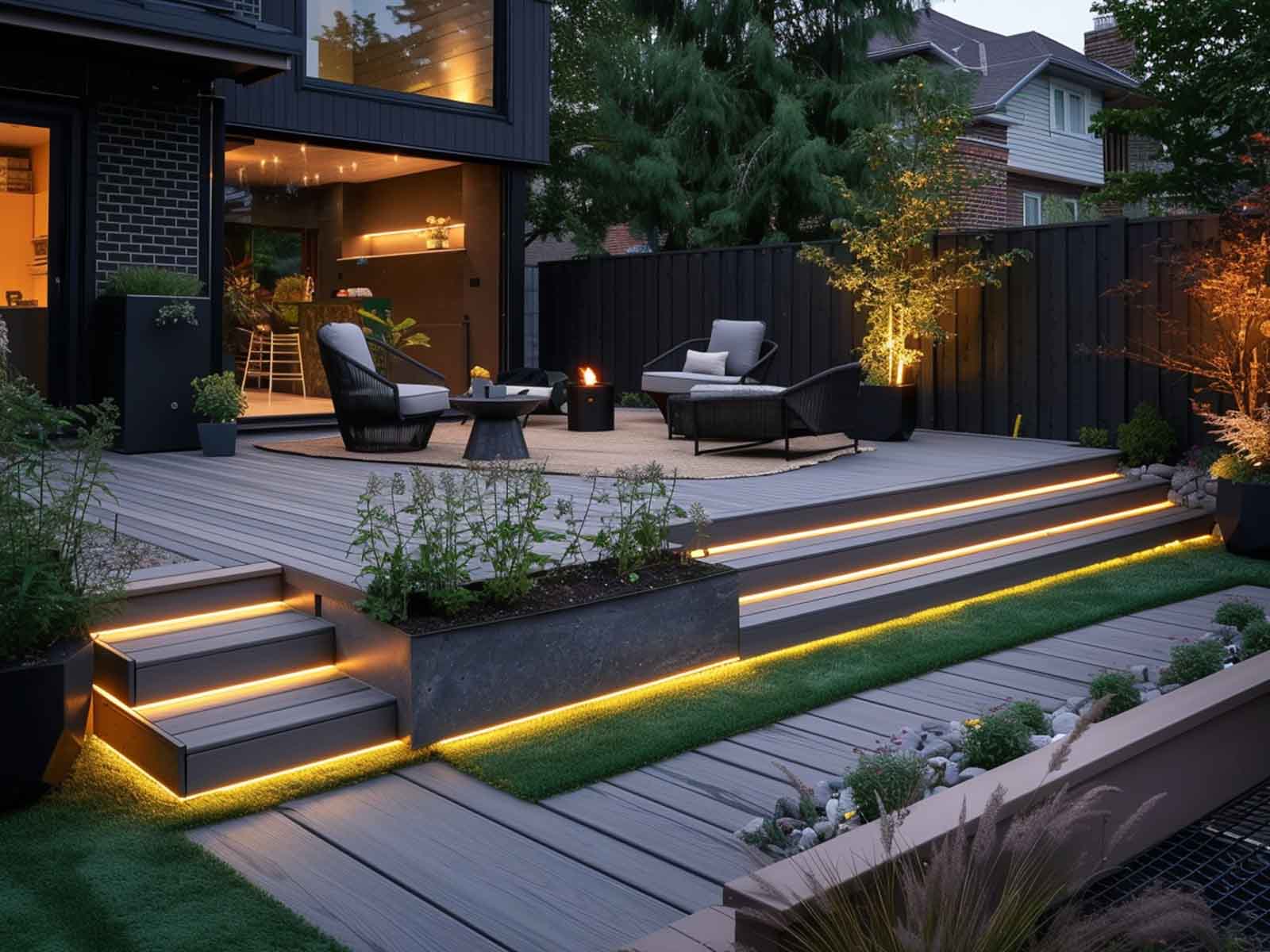 Garden steps illuminated with LED strip lights