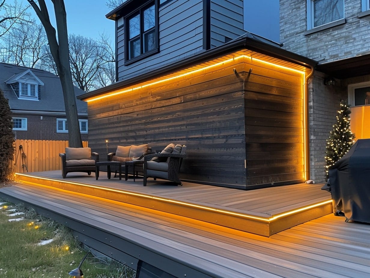 LED string lights illuminating the borders of a deck's walls