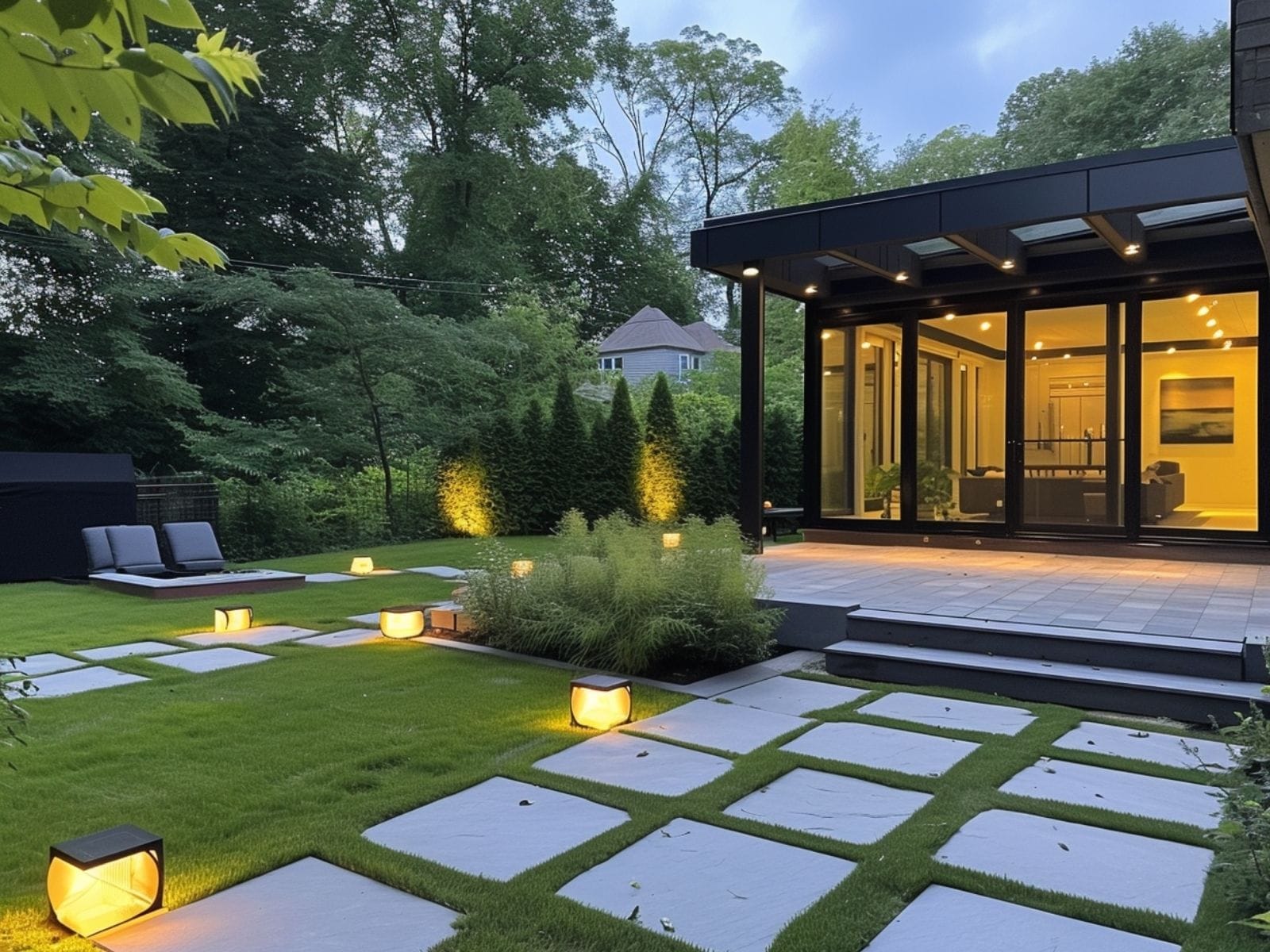 A home's backyard with outdoor lighting spaced evenly