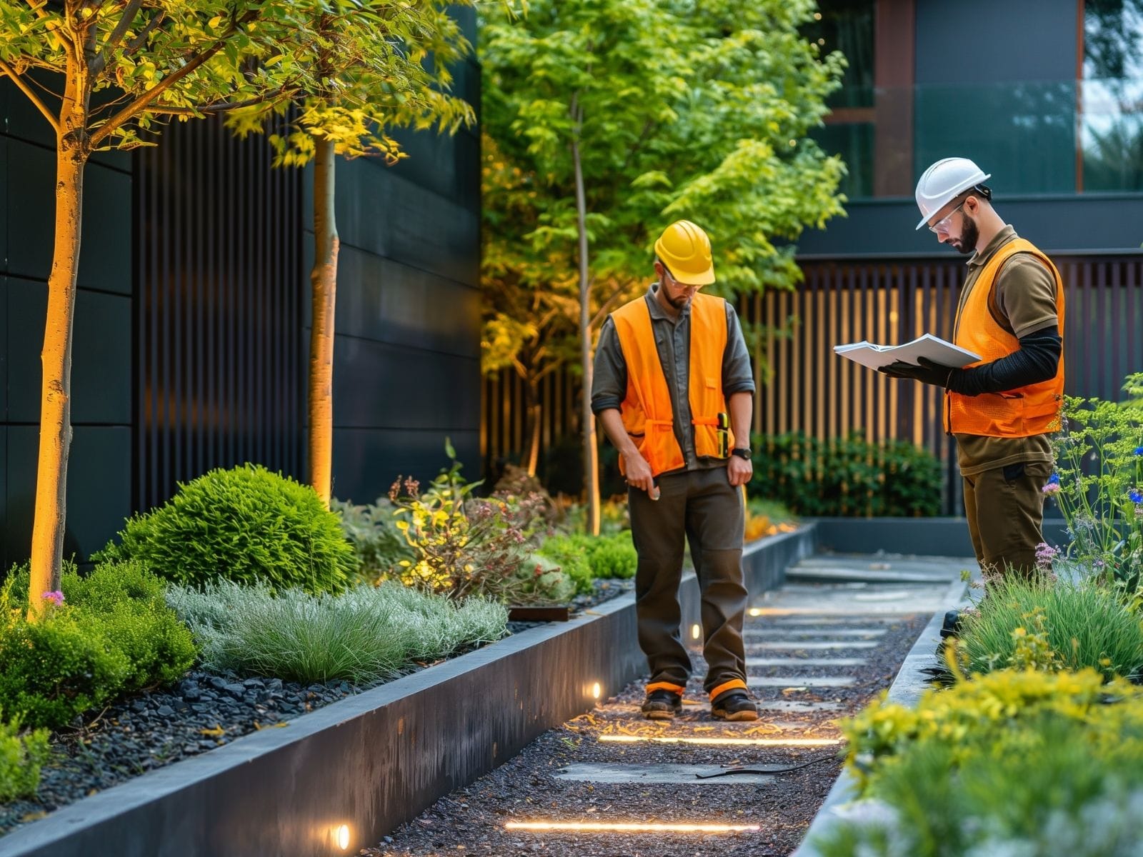 Two outdoor lighting professionals ensuring safety of the lighting fixtures