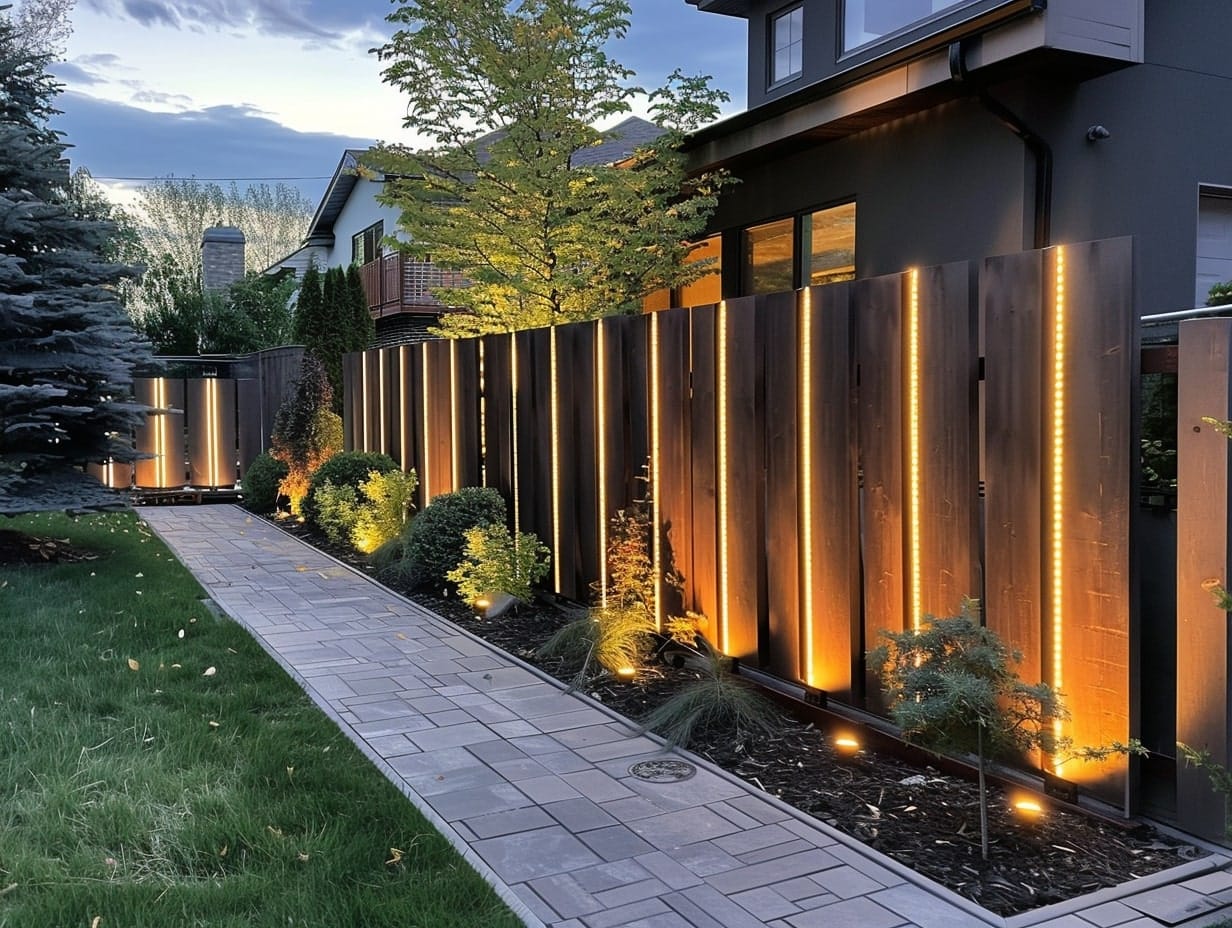 Warm-tone fence lights illuminating a house's bounday