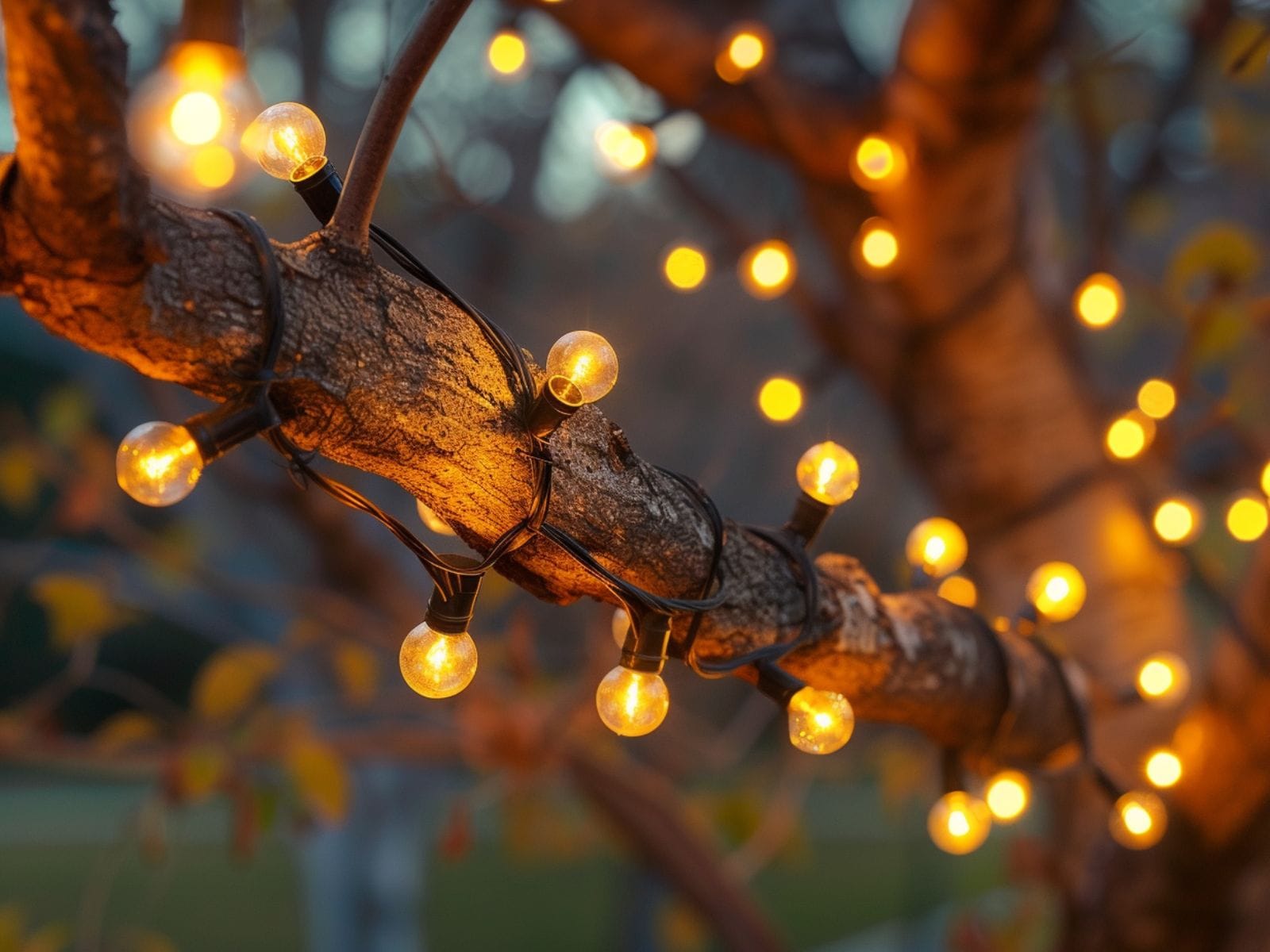 Festoon lights wrapped around a tree branch