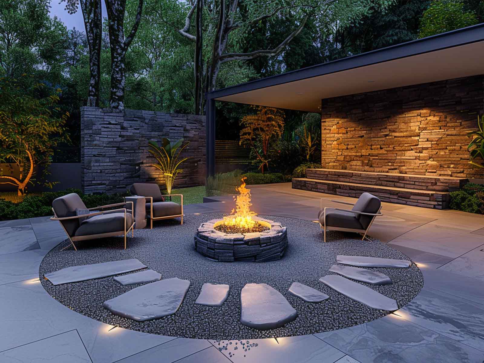 A fire pit seating area illuminated with well lights