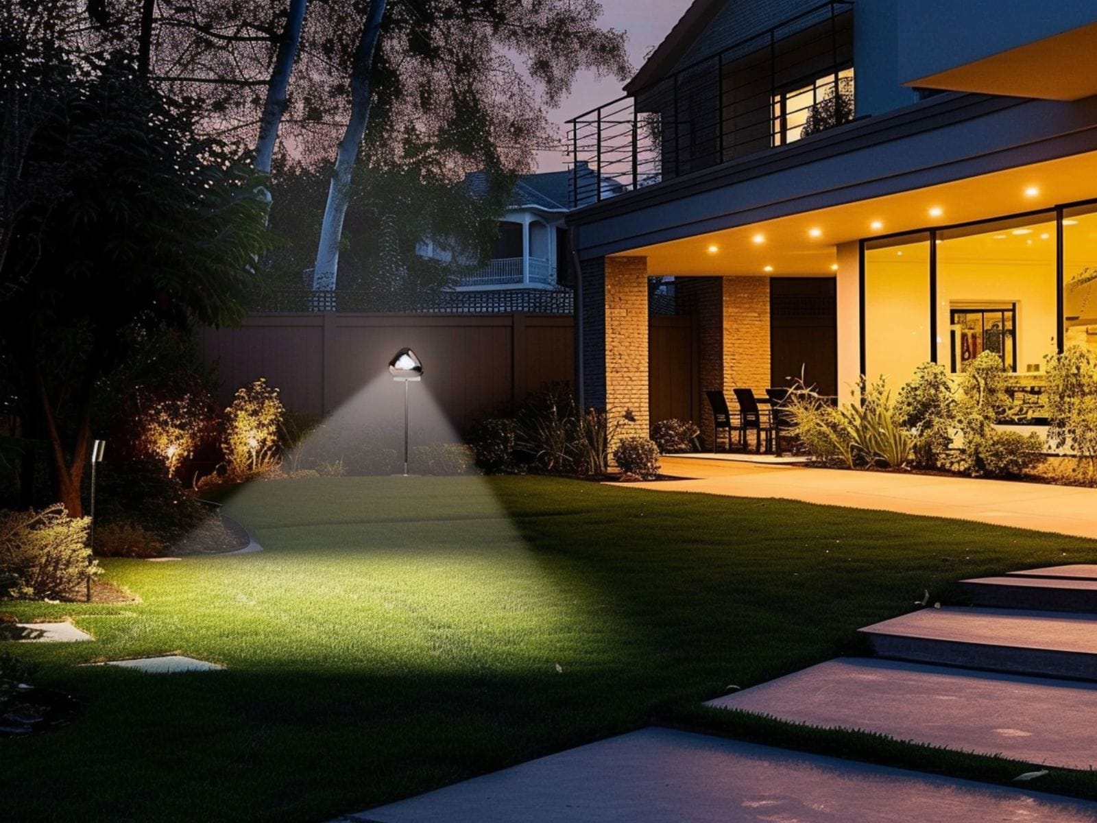 A floodlight illuminating a large area in a garden