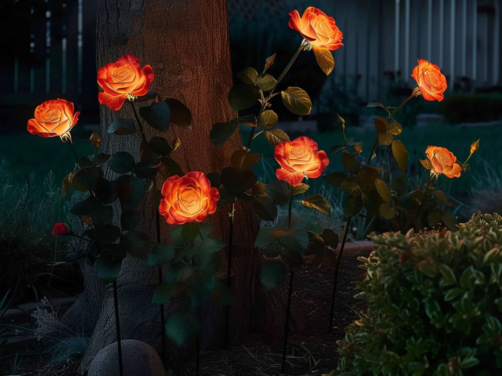 Solar-powered floral stake lights installed at the base of a garden tree