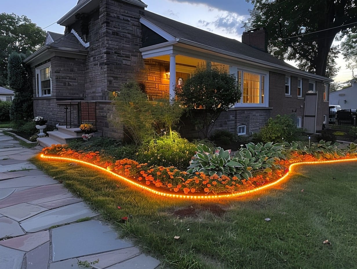 A front yard flowerbed outlined with rope lights 