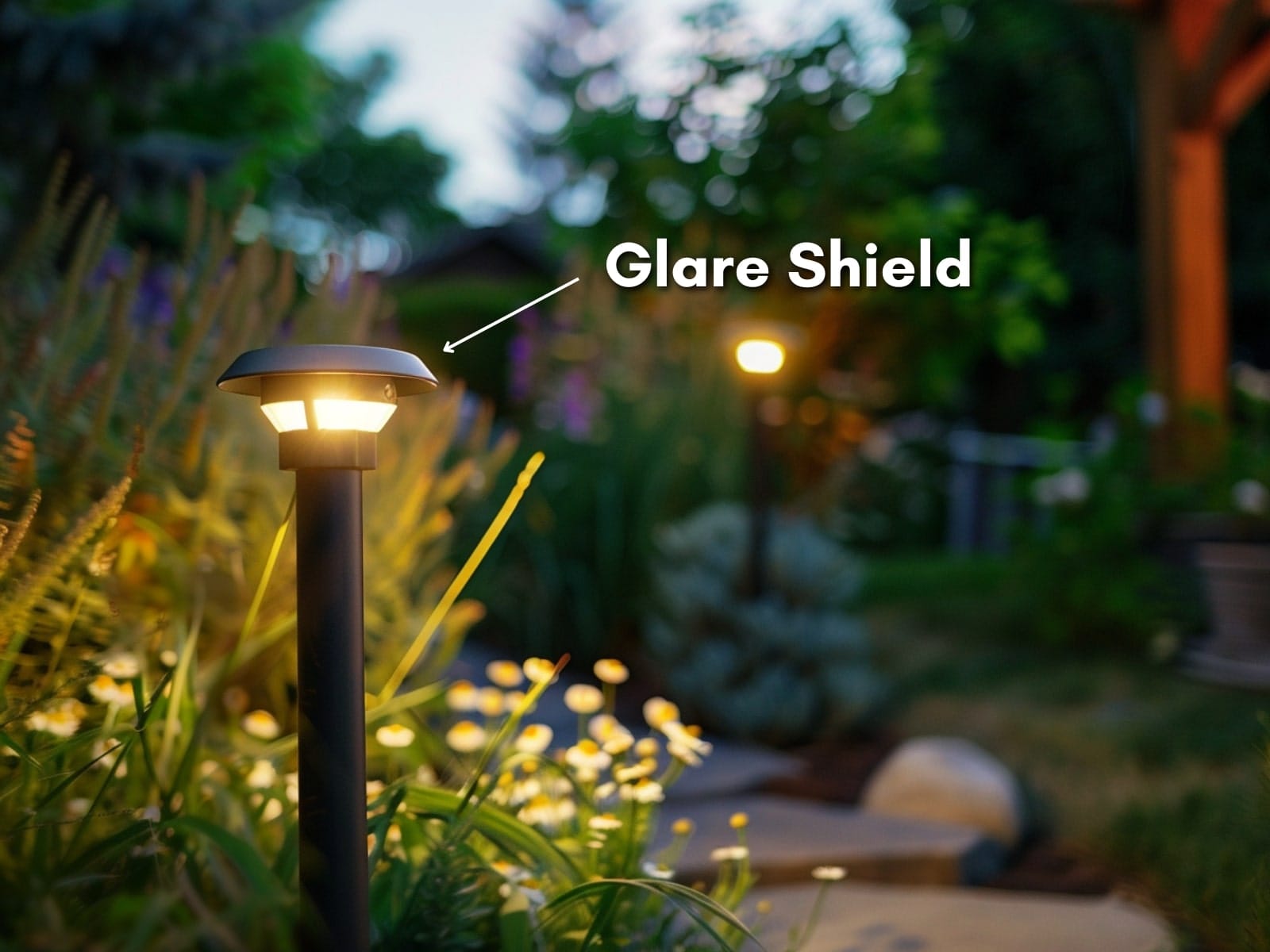 Glare shield installed on bollard lights to reduce glare