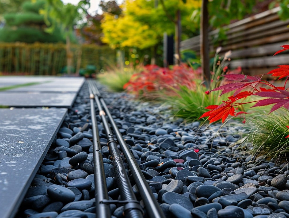 Outdoor lighting wires protected by conduit for electrical safety 