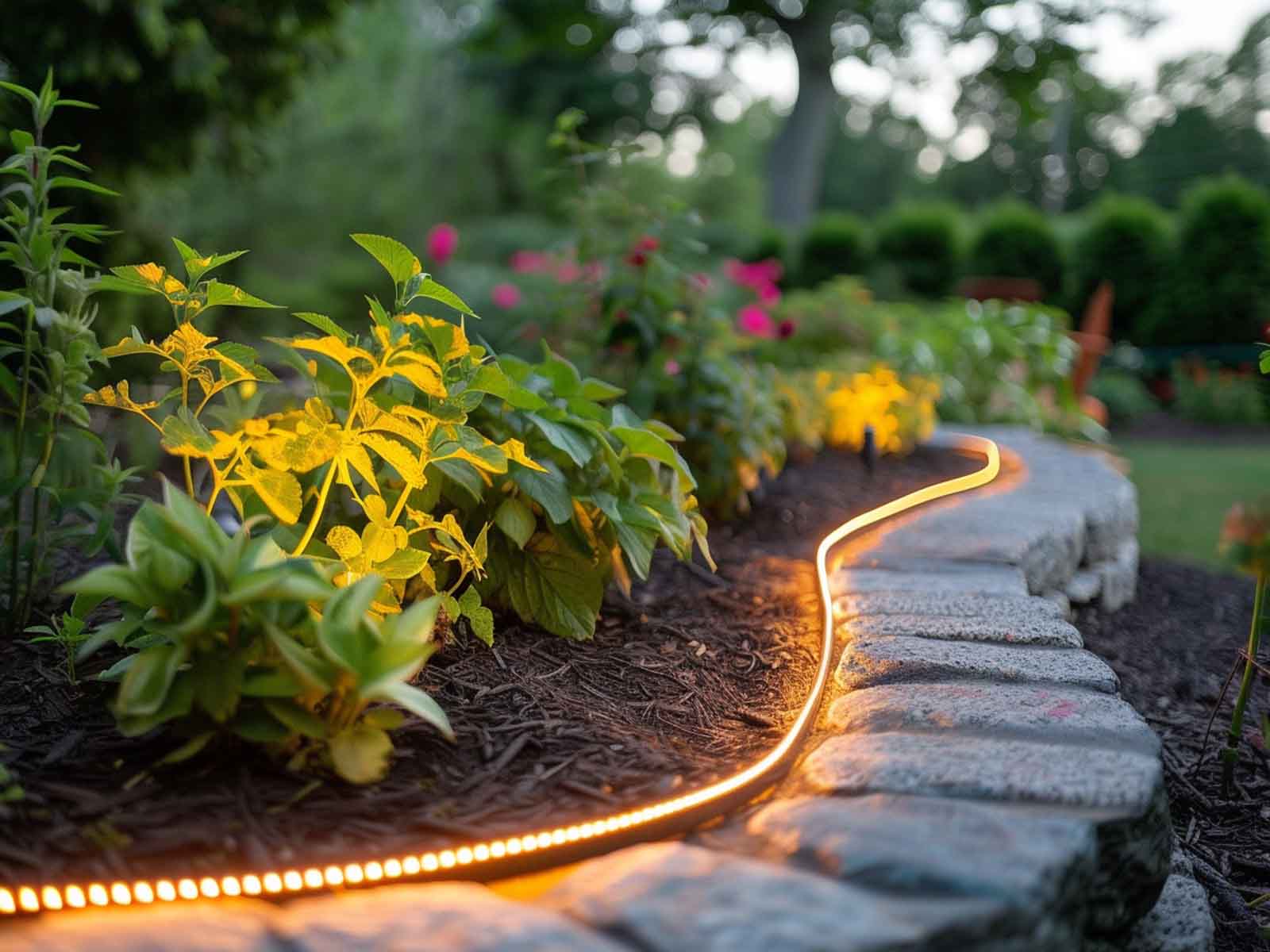 A garden bed outlined with rope lights