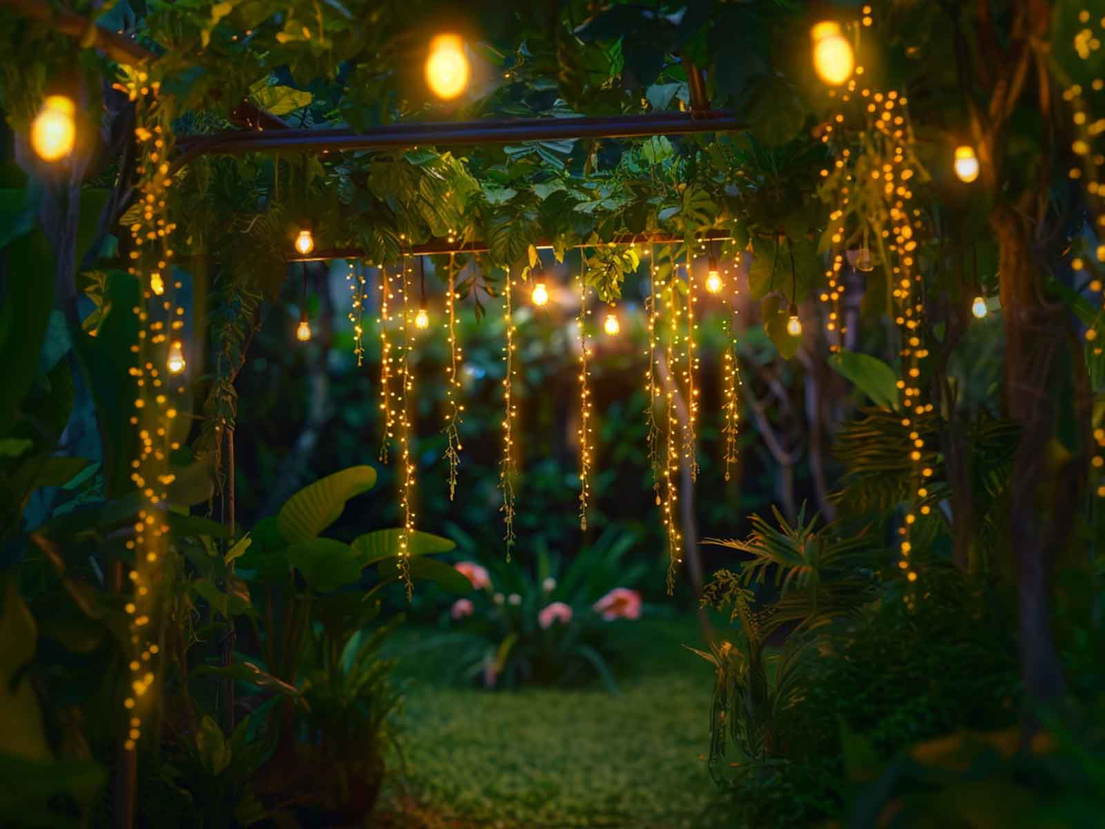 Illuminated artificial vine decorating a garden entrance